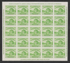 730 MNH, 1c. Century of Progress Souvenir Sheet,  Free, Insured Shipping