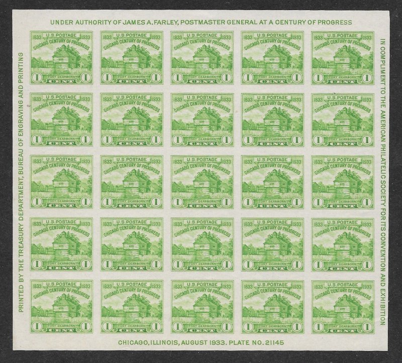 730 MNH, 1c. Century of Progress Souvenir Sheet,  Free, Insured Shipping