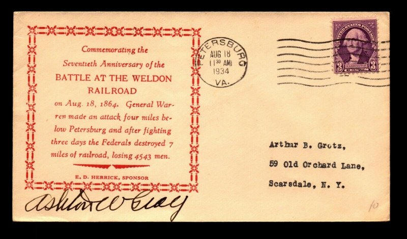 1934 Battle At Weldon Railroad VA Cover / Signed - N441