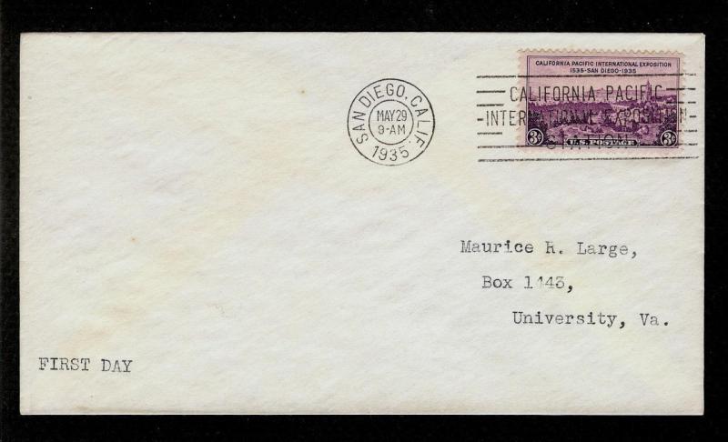 FIRST DAY COVER #773 California Pacfic International Expo 3c Addr FDC 1935