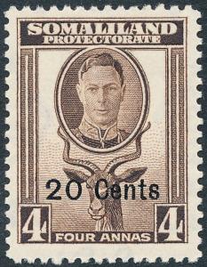 Somaliland Protectorate 1951 20c on 4a Sepia SG128 MH