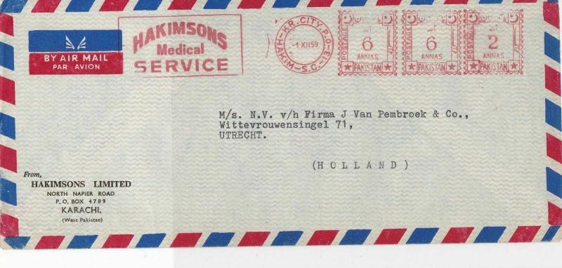 Pakistan 1959 Hakimsons Medical Service Airmail Meter Mail Stamps Cover Ref28721