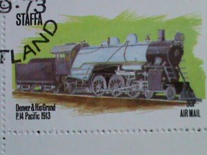 STAFFA STAMP-1974- COLORFUL WORLD FAMOUS TRAINS CTO S/S SHEET VERY FINE