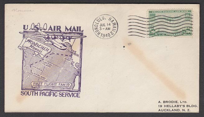 USA 1940 first flight cover Honolulu Hawaii to New Caledonia................Q494