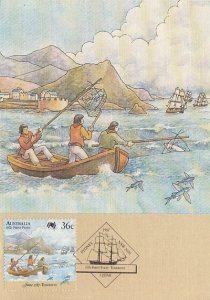 Australia 1987 Maxicard Sc #1025b 36c Fishing in Teneriffe Harbour First Fleet