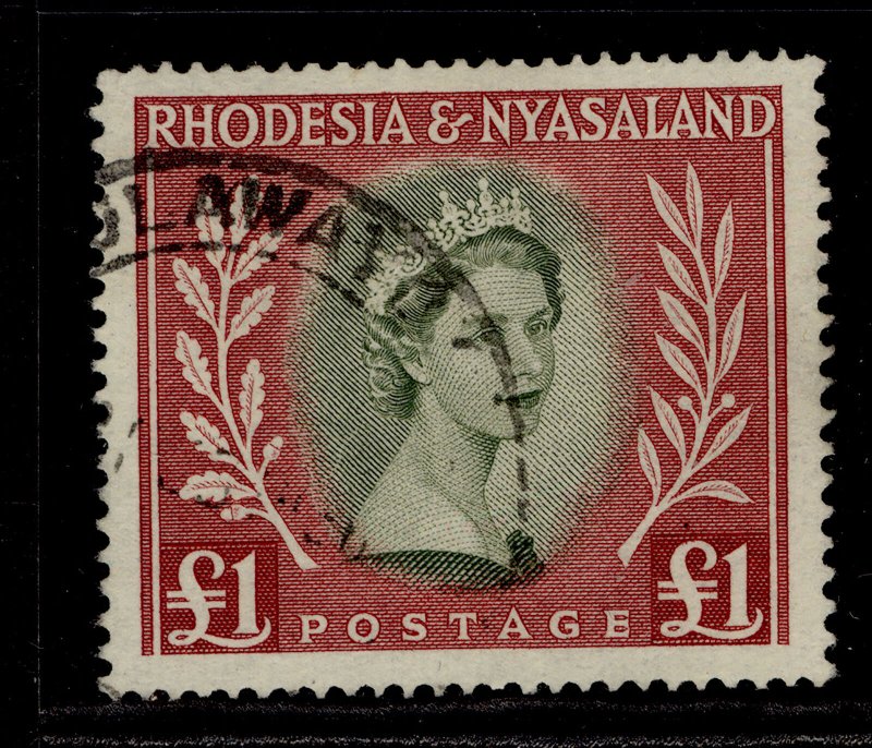 RHODESIA & NYASALAND QEII SG15, £1 olive-green and lake, FINE USED. Cat £32. 