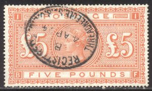 GREAT BRITAIN #93 SCARCE Used BEAUTY- 1882 £5 Bright Orange