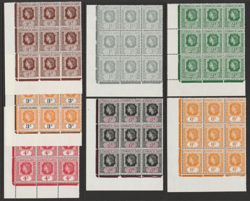 LEEWARD ISLANDS 1954 QEII set ½c - $4.80 blocks. MNH **.