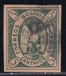 Bolivia 1867 Sc 1c Olive Green Thick Paper SCV 450.00 Stamp Used