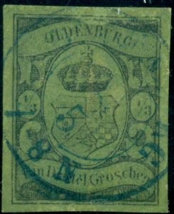 GERMANY - OLDENBURG #5 1/3g black on green, used, signed Schloss, Scott $2,900