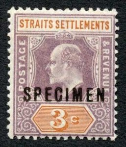 Straits Settlements SG111 KEVII 3c Wmk CA opt SPECIMEN M/M