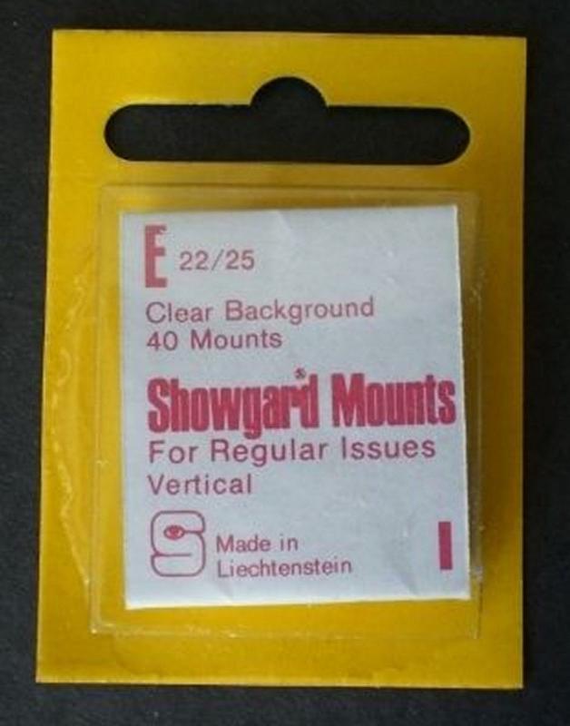 Showgard Stamp Mounts E 22 / 25 mm CLEAR Background Package of 40