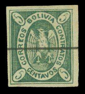 BOLIVIA 1867  CONDOR  5c yellow green - thick paper   Scott # 1e used VF-XF