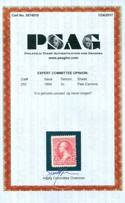 USA : 1894. Scott #252 Post Office Fresh Mint NH stamp. PSAG Cert. Catalog $375.