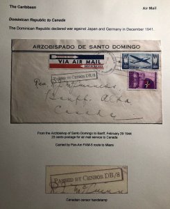 1944 Dominican Republic Archbishop Censored Airmail Cover To Banff Canada