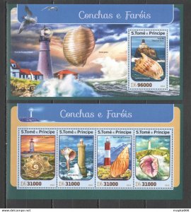 2016 S. Tome & Principe Seashells Fauna Marine Life Lighthouses Kb+Bl ** St1428
