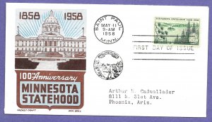 1106 MINNESOTA 3c, 1958 CACHET CRAFT/BOLL FIRST DAY COVER, ADDR.