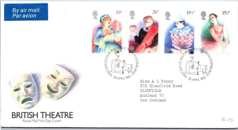 GREAT BRITAIN FIRST DAY COVER BRITISH THEATRE SET OF (4) EDINBURGH CANCEL 1982