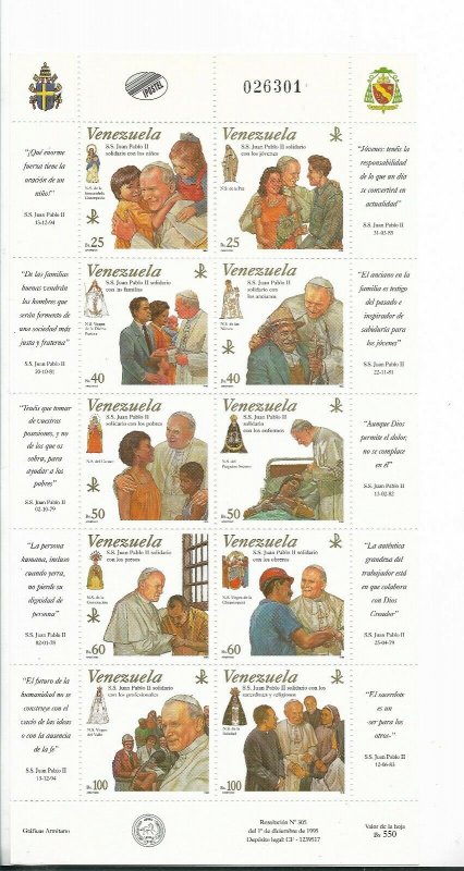 VENEZUELA 1996 RELIGION VISIT POPE JOHN PAUL II MINIATURE SHEET 10 VALUES MNH 