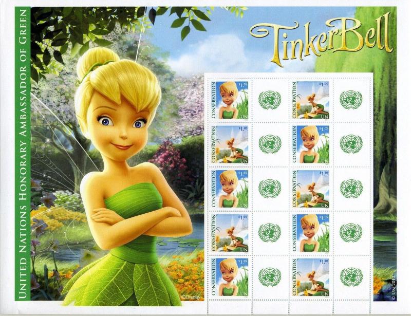 UNITED NATIONS TINKER BELL PERSONALIZED SHEET OF 10 STAMPS 10 CONTIGUOUS LABELS