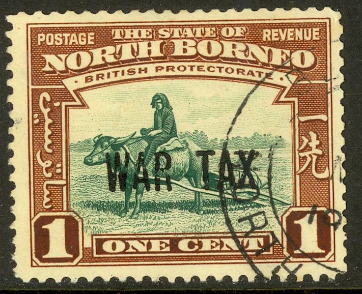 NORTH BORNEO 1941 KGVI 1c BUFFALO TRANSPORT WAR TAX STAMP Sc MR1 VFU