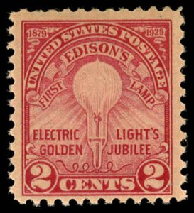 US Sc 654 MNH - 1929 2¢ - Edison's First Lamp - Flate Press, Perf 11
