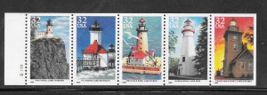 #2969-73a MNH 32¢ Lighthouses Booklet Pane/5, PL#S11111