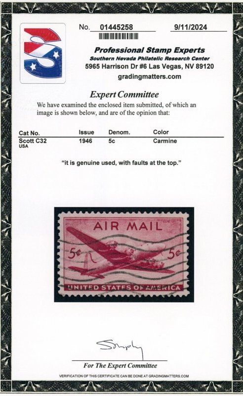 US Stamp #C32 Sky Master Air Mail 5c - PSE Cert - USED