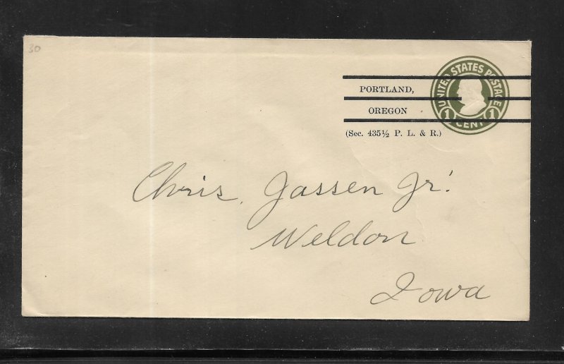 US Postal Stationery: OR Precancel, Portland 1b1 A 47 30 Used Entire #U420