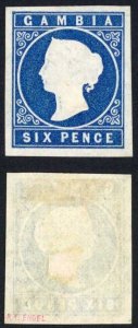 Gambia SG8 6d Blue Wmk Crown CC Four Margins Mint No Gum Cat 350
