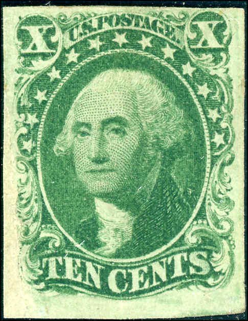 1855 10¢ GREEN TYPE IV SCOTT #16 RECUT AT BOTTOM TYPE IV, REGUM CAT $15000, CERT