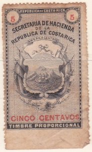 Costa Rica Revenue tax Stamp 1882 Mena #R13 Coats of Arms 5c Unused.