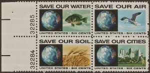 1970 Save Our Environment Plate Block Of 4 6c Stamps, Sc#1410-1413, MNH, OG