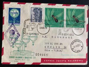 1963 Poznan Poland Special Balloon Flight Airmail Cover To Euclid OH Usa