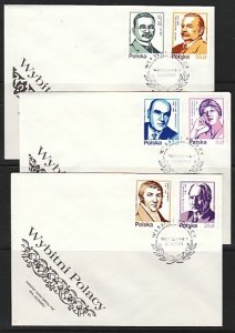 Poland, Scott cat. 2562-2567. Composer, Poet. Writer. 3 First Day Covers. ^