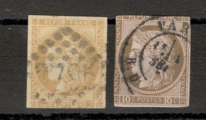 FRANCE - 2USED STAMPS, 10 c - Mi.No. 40 ab - CERES - TWO TYPES - 1870.