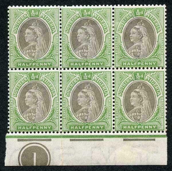 Southern Nigeria SG1 1/2d Black and Pale Green M/M PLATE BLOCK Fine and Fresh