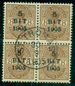 DANISH WEST INDIES #42 (31) 5Bit on 8¢ brown, Blk 4 used w/1905 St. Thomas cxl