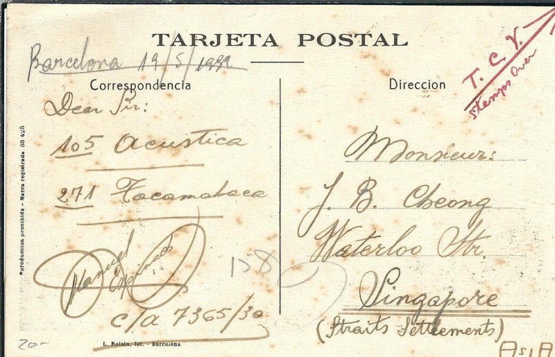 Barcelona, Spain to Singapore, Straits Settlement 1930 (47524)