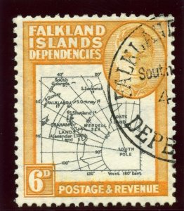 Falkland Is Dependencies 1946 KGVI 6d black & ochre very fine used. SG G6e.