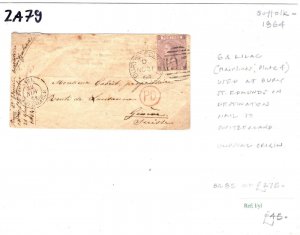 GB SG.85 Cover 6d LILAC Plate 4 BURY ST EDMUNDS Suffolk Switzerland 1864 ZA79