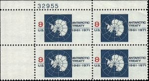 Scott # 1431 1971 8c red & dk bl  Antarctic Treaty
Emblem ; TAGGED Plate Bloc...