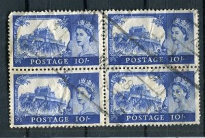 BRITAIN; 1950s early QEII issue fine used 10s. BLOCK OF 4