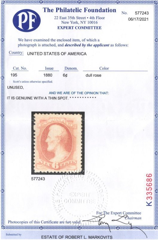 MALACK 195 VF NH, no gum as issued,  w/PF (06/21) CE..MORE.. gg2593