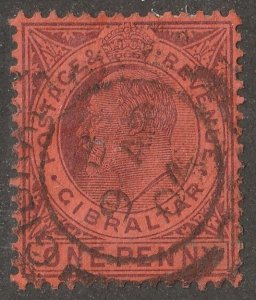 Gibraltar, stamp,  Scott#40,  used,  hinged,  one penny,  red paper,