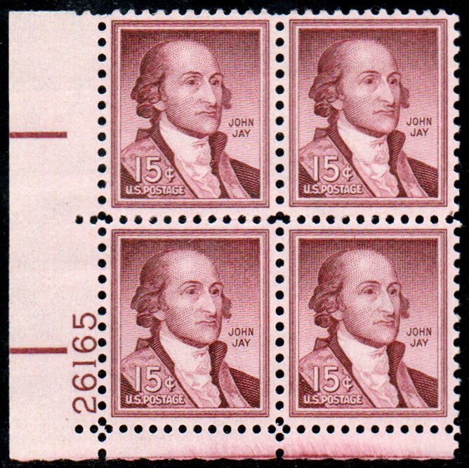 US #1046 PLATE BLOCK 15c Jay, VF/XF mint never hinged, very fresh color, nice!