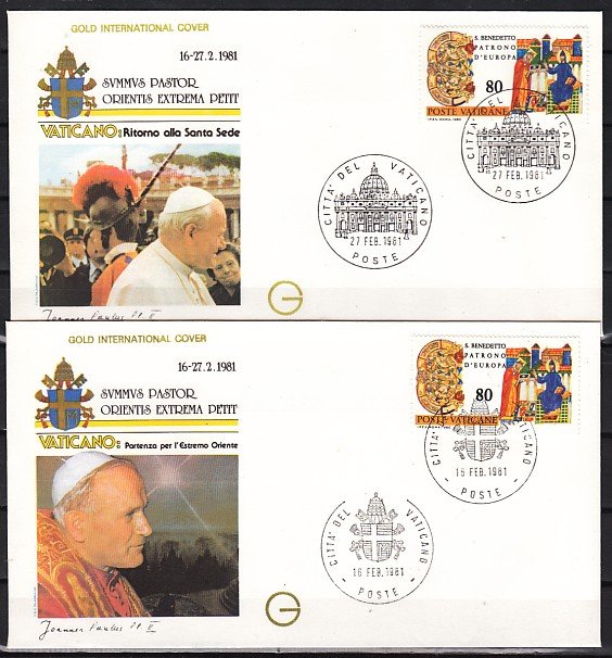 Vatican City, 16 & 27/FEB/81 cancels. Pope John Paul II, Orient visit. 2 F.D.C.