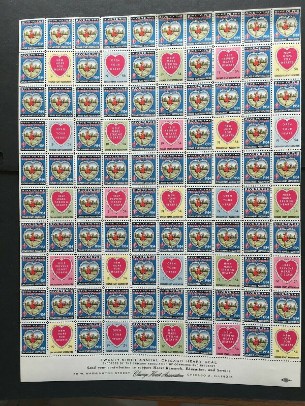 1954 Chicago Heart Association Seal Label, Cinderella Stamp Full Sheet of 100