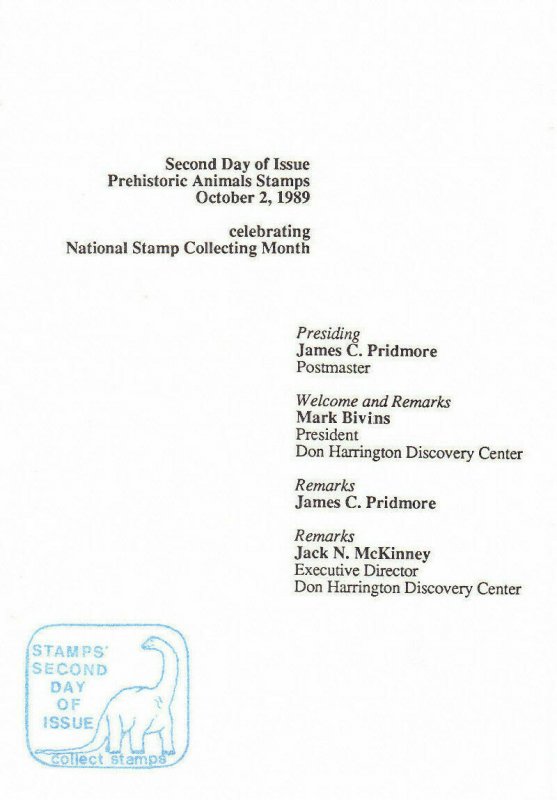 USPS Second Day Ceremony Program #2422-2425 Dinosaurs + FDC Amarillo Texas