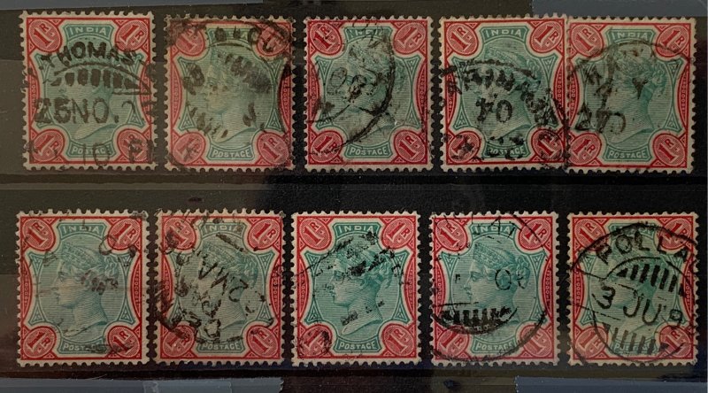India 1892 QV 1r postmark and shades collection.  Scott 49, SG 105/106